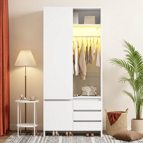 Armoire chambre 90x50x200 cm, avec panier à linge intégré et éclairage LED, en MDF, avec 2 portes et 3 tiroirs, avec 1 penderie, Blanc (1/5)