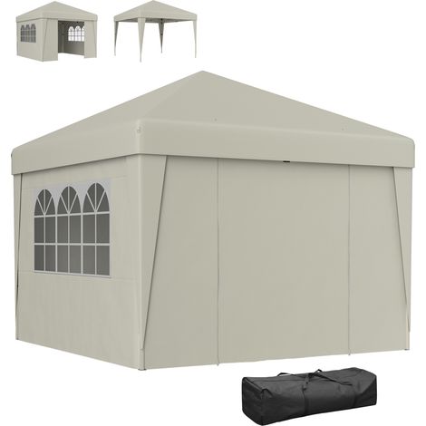 Tonnelle pliante 3x3x2.75m anti-UV 30+ avec fenêtres, parois latérales et sac de transport crème (1/5)