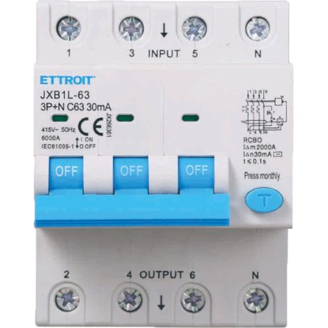 ETTROIT JX266361 Magnetotermico Differenziale 3P+N 63A 30mA 380V-6KA - 4 Moduli Din (1/4)