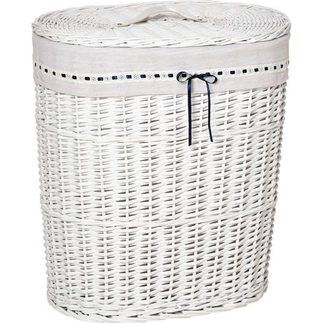 Panier à linge en osier avec couvercle et sac intérieur lavable en tissu, blanc (1/5)