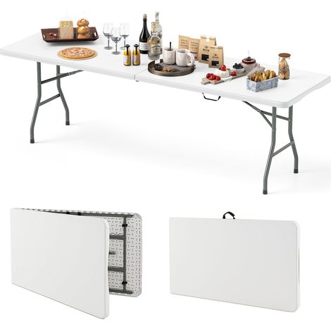 Tavolo pieghevole portatile 245 cm, tavolo pieghevole con portata di 160 kg, piano in HDPE, serratura di sicurezza, con maniglia per il trasporto, bianco (1/5)