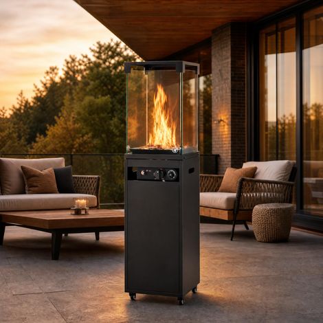 Chauffage extérieur terrasse gaz 8 kW, arrêt temporisé 60 min, verre 360° (1/5)