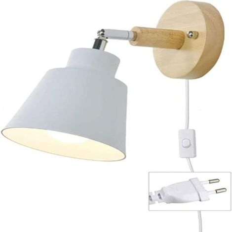 Applique Murale Avec Interrupteur Marche Et Prise Lampe De Chevet Moderne Vintage Macaron Applique Murale E27 Bois Applique Murale Convient Pour Salon Et Chambre（Blanc）-DOU