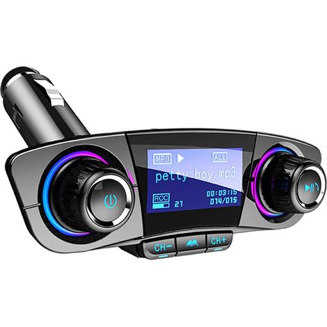 Bluetooth-FM-Transmitter mit Freisprecheinrichtung, Radioadapter und Dual-USB-Anschluss, kompatibel mit MP3-Playern, TF-Karten und USB-Sticks.