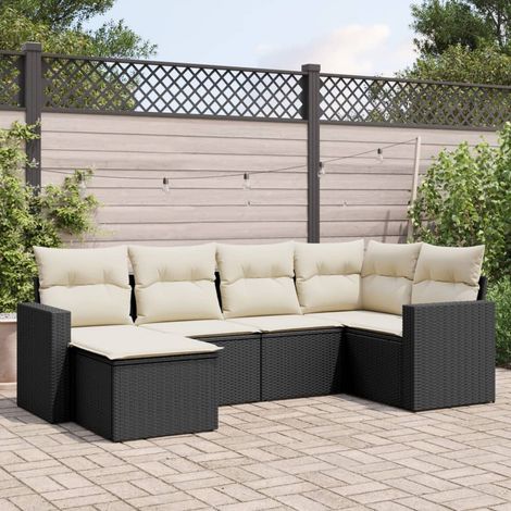 Ensemble salon jardin 6 places résine tressée noir avec coussins crème - Canapés d'extérieur modulables (1/3)