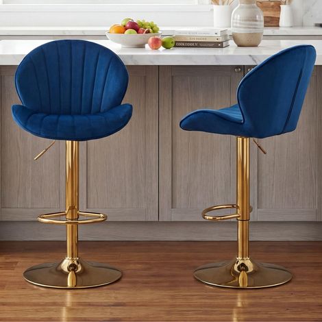Wahson Bar Stools Set of 2 in Velvet Modern Counter Chairs Height Adjustable with Shell-Shaped Backrest for Home Bar Restaurant, Blue (1/5)