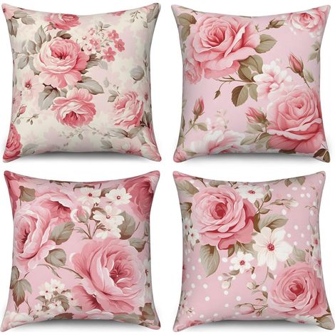 Fundas de cojín con estampado floral, 45x45 cm, juego de 4 fundas decorativas para sofá, estampado vintage de rosas blancas, tejido de poliéster. (1/5)