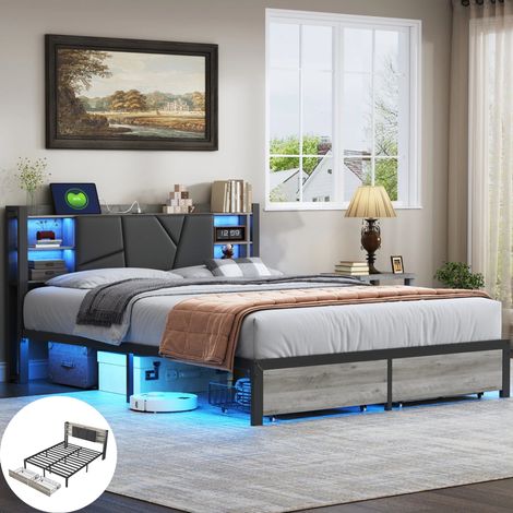 Lit 160x200 cm avec sommier, Chambre complete adulte, cadre de lit double avec LED et USB, 2 Tiroirs, Tête de lit Rangement, PU Noir (1/5)