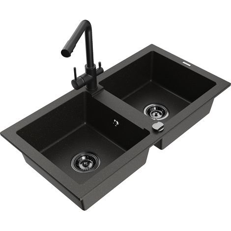 Mexen Mario 2-Becken-Granitspüle mit Mischbatterie Duero, Schwarz/Gold metallisch - 6504-75-671600-7 (1/5)