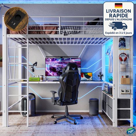 MODFU - Letto a soppalco in metallo per bambini 90x200cm con LED, USB+tipo C, senza materasso, anticaduta, con scrivania e 4 cassetti, bianco (1/5)