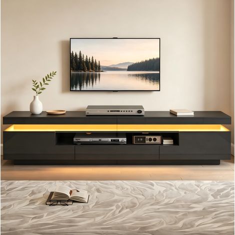 Mueble TV de salón 175 x 38 x 45 cm, 2 módulos en L, 1 cajón, LED, negro (1/5)