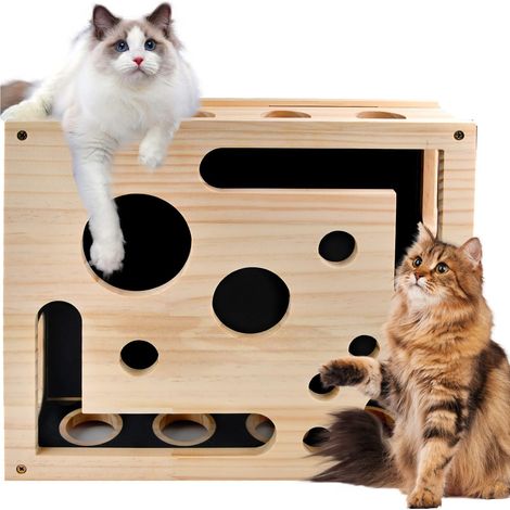 Interaktiver Katzenkratzbaum, Kratzbrett, Beschäftigungsbox mit Nagelfeilen, kokonförmiger Katzenkratzbaum aus Holz, interaktive Kratzboxen mit Sandpapier für Wohnungskatzen (1/5)