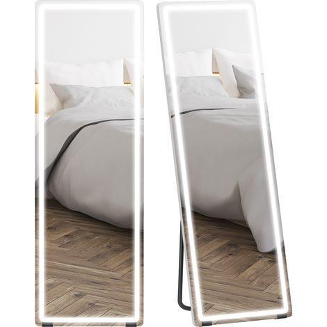 HOMCOM espejo de pie cuerpo entero con luces, 150x50 cm, espejo de cuerpo entero sin marco, 3 temperaturas de color, brillo ajustable, transparente