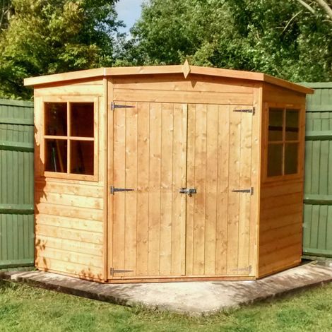 Corner Shed Double Doors Tongue and Groove Garden Shed Workshop Approx 8 x 8 Feet - Honey Brown Timber Basecoat