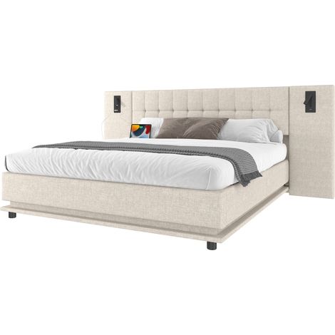 Lit rembourré, 180200cm, avec bande LED, tête de lit avec spot, avec USB, sans matelas, lin, beige (1/5)