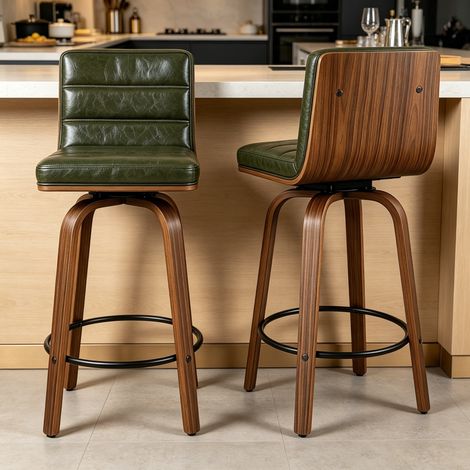 Sgabello da bar girevole a 360° in PU, gambe in legno curvate, verde OKMYHOME (1/5)