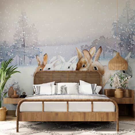 Papier Peint Animaux - Lapins sous la Neige - 150 x 250 cm (1/2)