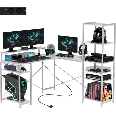 L-förmiger Gaming-Eckschreibtisch mit Regal, Monitorständer und USB-Steckdose, weiß (1/5)
