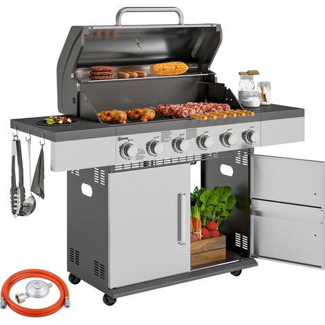 Outsunny Gasgrill 8500BTU Grillwagen inkl 6 Edelstahl-Brenner Rolle Thermometer Druckminderer Gasschlauch Deckel Seitenablagen, BBQ Gartengrill für Balkon, Camping-Grill 141 x 55 x 110 cm