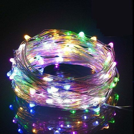 Guirlande lumineuse extérieure 100 LED, 10 m, à piles, avec télécommande et minuterie intérieure, idéale pour terrasse, Pâques, Noël et fêtes (multicolore). (1/5)