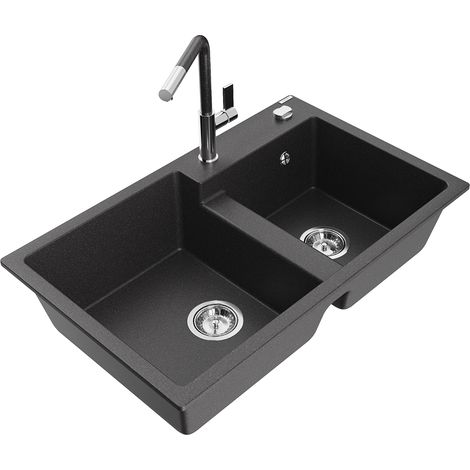 Mexen Tomas 2-Becken-Granitspüle mit Mischbatterie Flora, Schwarz/Gold metallisch - 6516-76-670401-0
