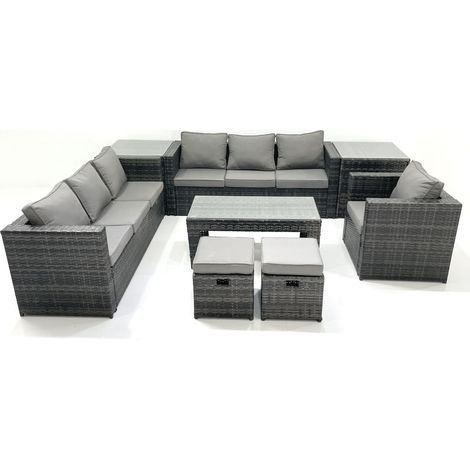 Fimous Polyrattan Gartenmöbel Set Outdoor 9-Sitzer Garten Sofa Sets mit Glasplatte Couchtisch Hocker 2 Beistelltischen