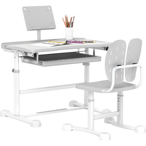 Bureau enfant avec chaise réglable en hauteur, plateau incliné 45°, tiroir et support de livre, gris (1/5)
