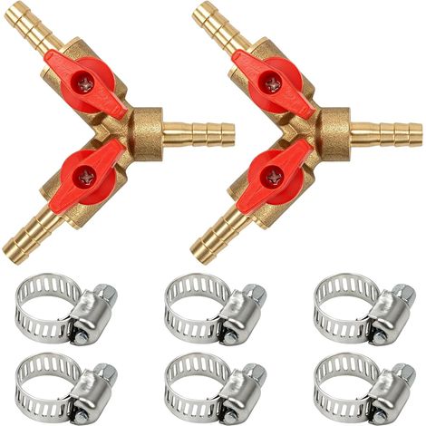 Lot de 2 raccords de tuyau en Y à 3 voies en laiton de 6 mm avec vanne sphérique Vanne d'arrêt 6 colliers de serrage pour tuyau, air, eau, gaz, idéal pour le jardin, l'atelier, la maison (1/5)