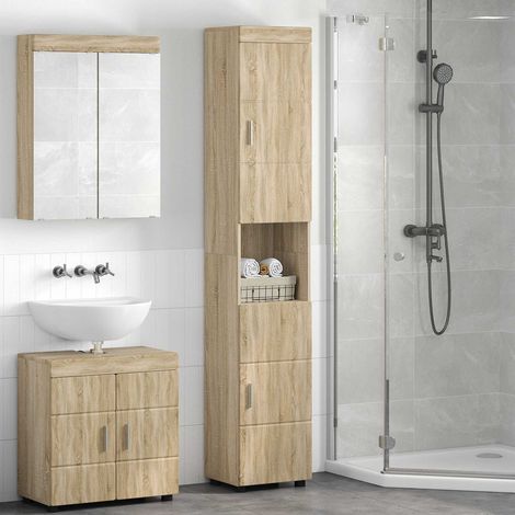 Meuble colonne de salle de bain en bois d’ingénierie chêne Sonoma mat 37 x 31,5 x 203 cm - PANGIVO (1/5)
