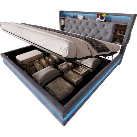 Polsterbett 180 x 200 cm aus Samt, LED, 2 USB und Type-C, Stauraum im Kopfteil, ohne Matratze, Dunkelgrau (1/5)