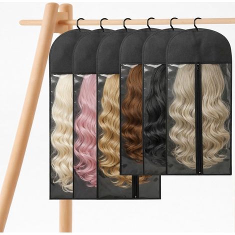 Juego de 6 bolsas para pelucas con perchas, almacenamiento a prueba de polvo para pelucas y extensiones, ventana de PVC, cierre de cremallera, para armario y viajes, color negro, 3 x 60 cm + 3 x 80 cm (1/5)