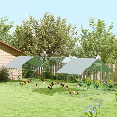 Poulailler - mangeoire automatique - bâche résistante aux UV - pour 24 à 30 poules - grille en acier - enclos en plein air pour poules
