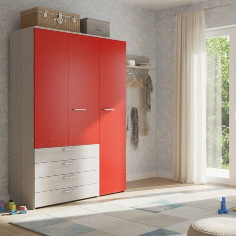 L.135 H.193,8 - Armadio ad ante battenti con appendiabiti e cassetti - Design moderno e funzionale - Rovere Rock e Rosso