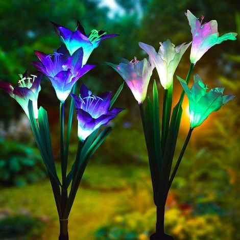 Lumière de couleur de lys blanc lumière solaire de jardin 2 pièces fleur de Simulation solaire lanterne à 4 têtes lumière de couleur de lys blanc，pour extérieur, jardin, cour (1/5)
