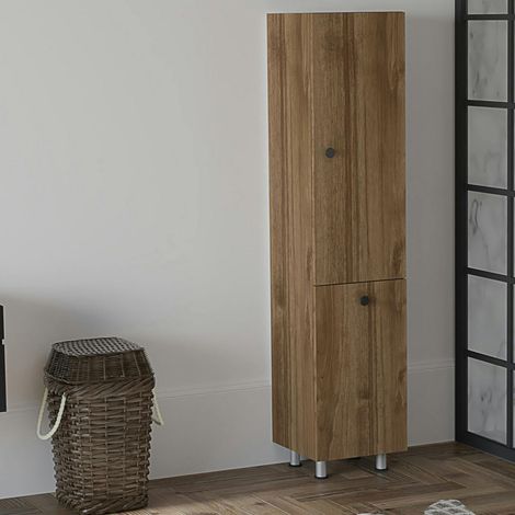 Colonne salle de bains effet noyer, porte & panier linge MARFA (1/4)