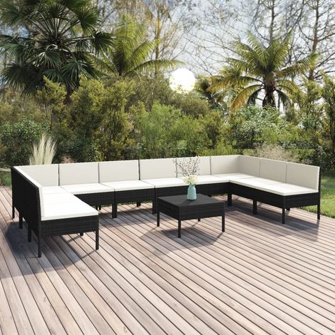 11-tlg. Garten-Lounge-Set mit Auflagen Poly Rattan Schwarz (1/5)