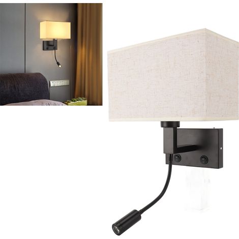 Lampe de chevet murale LED en fer noir galvanisé câblée avec abat-jour en lin Applique murale de chambre à coucher pour salon couloir d'hôtel (1/4)