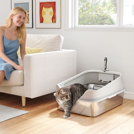 Katzentoilette Edelstahl Offene Katzenklo mit Schaufel hohem Rand für große Katzen bis 7 kg, 60,2 x 40,2 x 29,7 cm, Grau