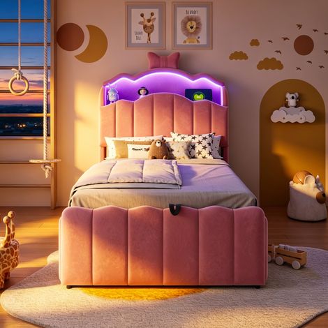 Lit coffre enfant rembourré 90x200 cm avec rangement hydraulique, tête de lit ouvrante avec rangement et LED multicolore, USB et USB-C, velours, rose