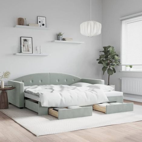 Tagesbett Ausziehbar mit Schubladen Hellgrau 90x190 cm Samt (1/5)