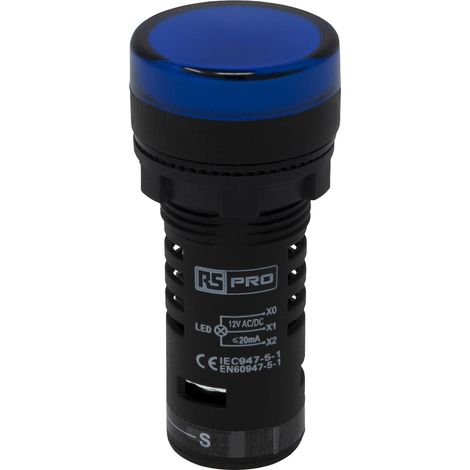 Voyant lumineux complet avec circuit de test LED RS PRO Bleu 12 V c.a./c.c., Ø découpe 22mm, IP65 ( Prix pour 1 ) (1/4)