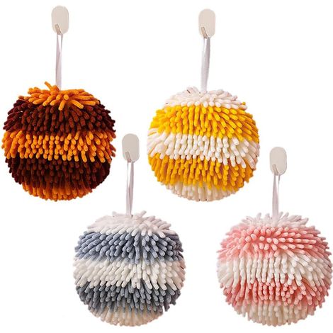 Lot de 4 serviettes de bain en chenille avec pompons doux pour les suspendre, séchage rapide (1/4)