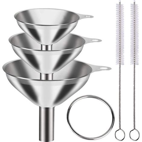 Embudo de acero inoxidable - Ø: 7,5 cm/5,5 cm/4,5 cm - 3 piezas - Accesorios de cocina - con 2 cepillos de limpieza - Artículos para acampar - 7,5 cm - 3 piezas (1/3)