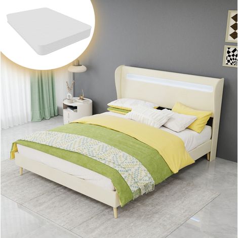 Lit 140x200 LED réglable tissu métal beige HAVRYA (1/5)