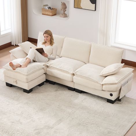 Canapé modulaire 3 places avec 1 tabouret velours côtelé,siège large,mousse haute densité,USB-C et poches latérales,pour salon,beige. (1/5)