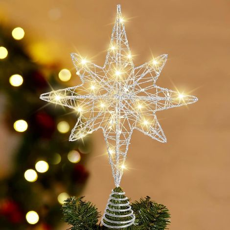 Cimier de Sapin de Noël Éclairé, 34cm, Étoile Creuse Argentée Pailletée pour Sapin de Noël, pour Décoration Intérieure de Sapin de Noël, Décorations (1/4)