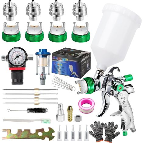 Kit de Pistolet a Peinture 4 Buses,Peinture Air Comprimé avec Régulateur de Pression,Kit de Pistolet de Pulvérisation de Voiture 1,4 mm 1,7 mm 2,0 mm 2,5 mm (1/5)