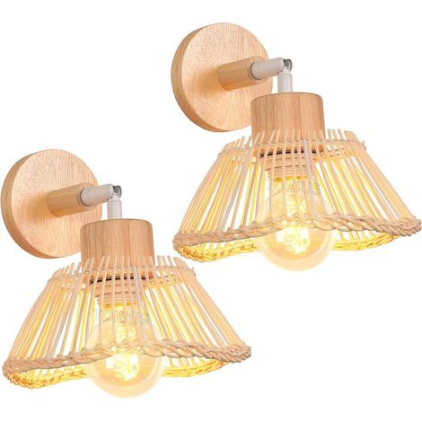 Set of 2 Wall Sconces, Metal and Bamboo, E27 Socket, 180° Adjustable Angle, Indoor Ceiling Light for Living Room and Kitchen (1/5)