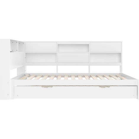 Letto divano 90 x 200 cm bianco con testiera contenitore, letto estraibile, senza materasso, HOMVRA (1/5)