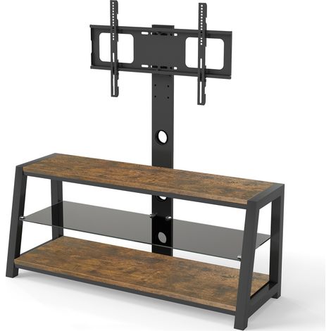 Meuble TV en bois avec verre trempé noir, support TV réglable en hauteur, meuble TV pivotant multidirectionnel avec fixation murale, brun H125 x L116 x P42 cm (1/5)